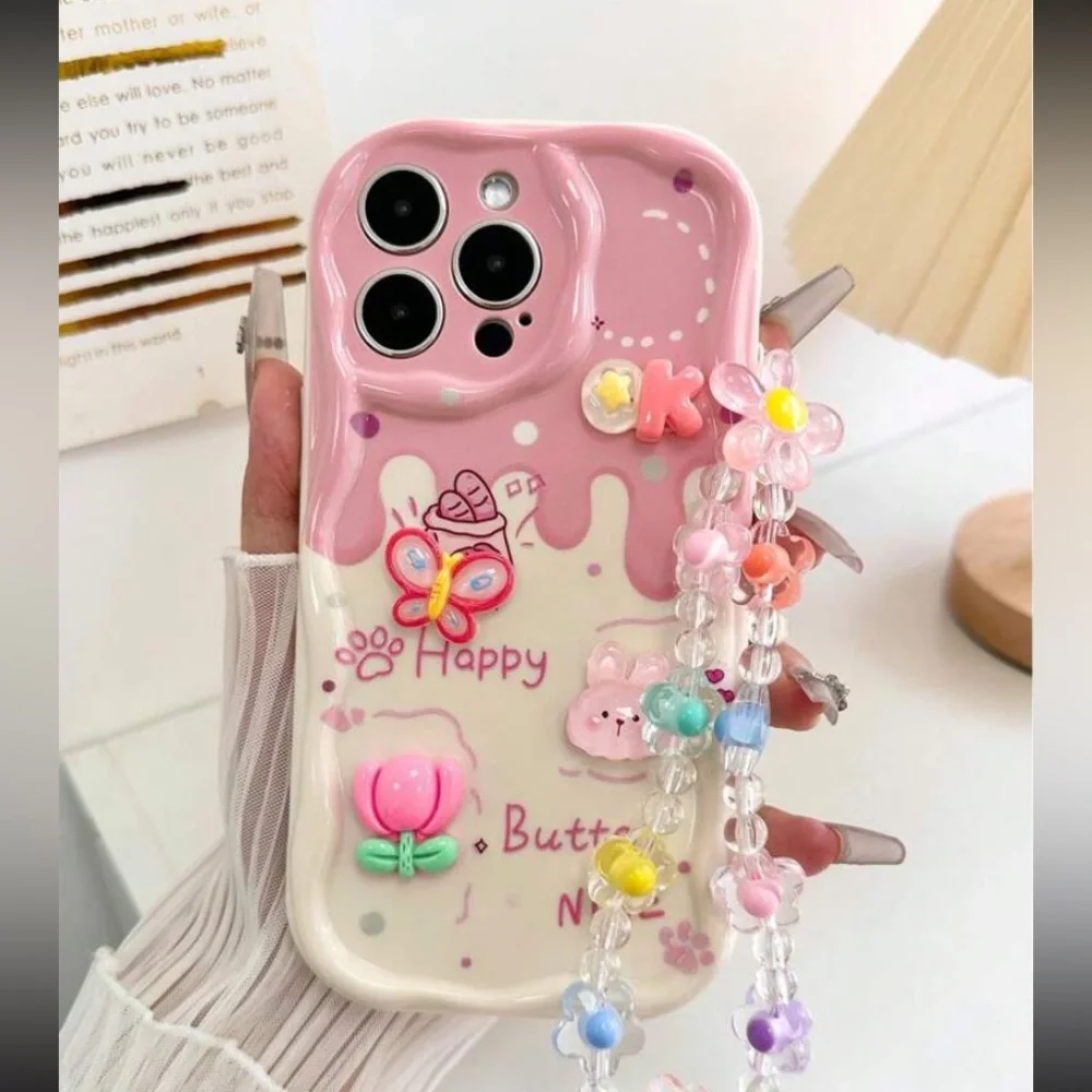 Cartoon Pattern Painted Oil TextureWave Edged Protective Case With Chain